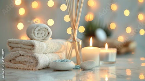 Spa composition. Towels  stones  reed air freshener and burning candles on white marble table against blurred lights  space for text