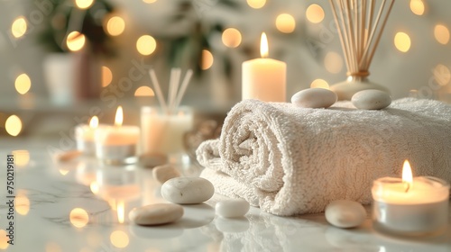 Spa composition. Towels  stones  reed air freshener and burning candles on white marble table against blurred lights  space for text