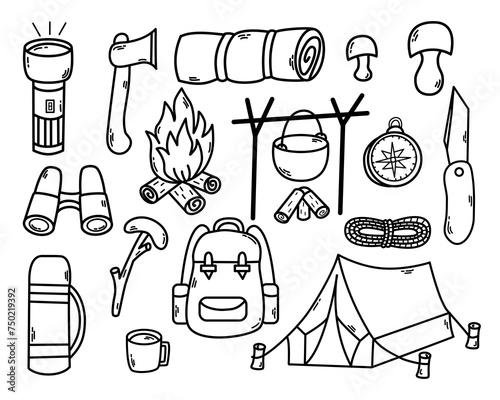 Camping outdoor doodle set. Wild adventure equipment. Camping and hiking items. Outdoor recreation concept.