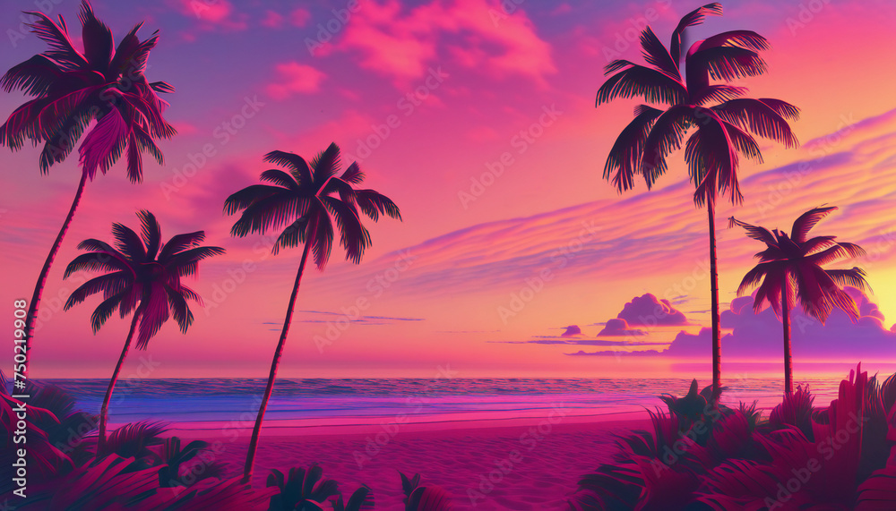 Nostalgic 80s Sunset Ai generated Illustration of synthwave sunset