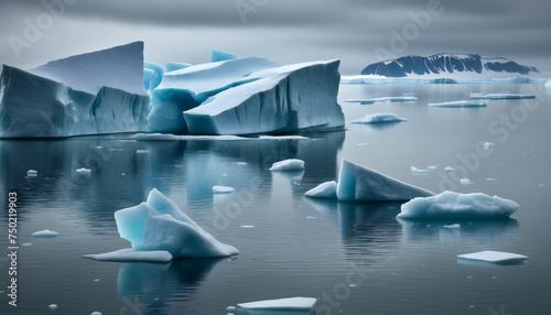 Arctic landscape with floating icebergs generative ai
