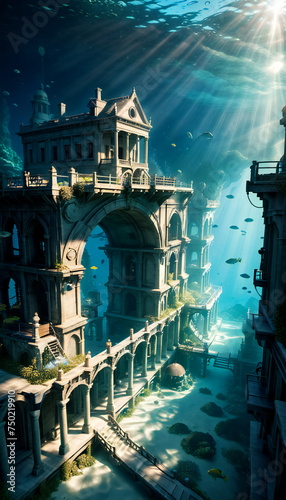Amazing underwater sunken ancient temple runins photo