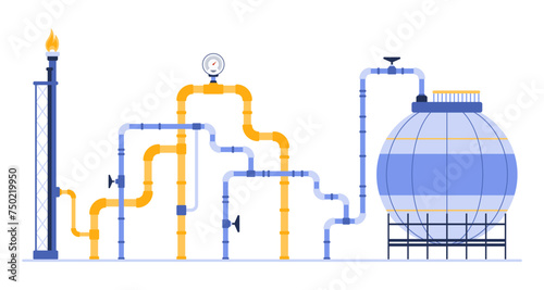 Pipeline to storage tank of gas industry. Metal blue yellow pipes with valve, chimney tower with fire and LNG container with natural gas under pressure, factory equipment cartoon vector illustration