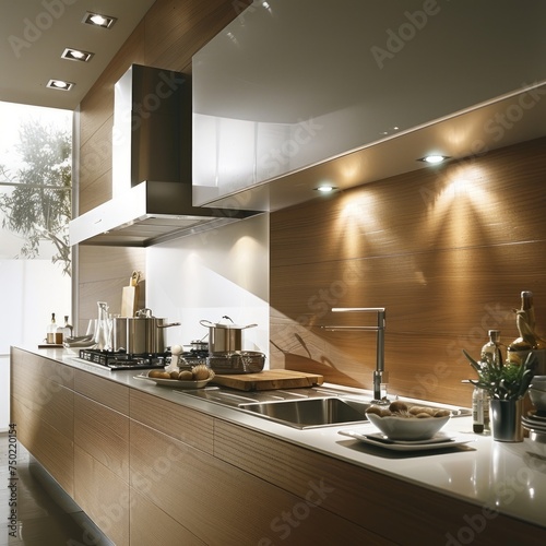 Front view of elegant interior with gray drawers under kitchen cabinet. empty wooden table and marble countertop in room. modern equipment for cooking. well organized space for storage food products