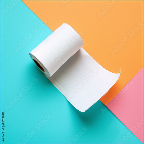 A roll of white toilet paper on a blue, orange and pink background.