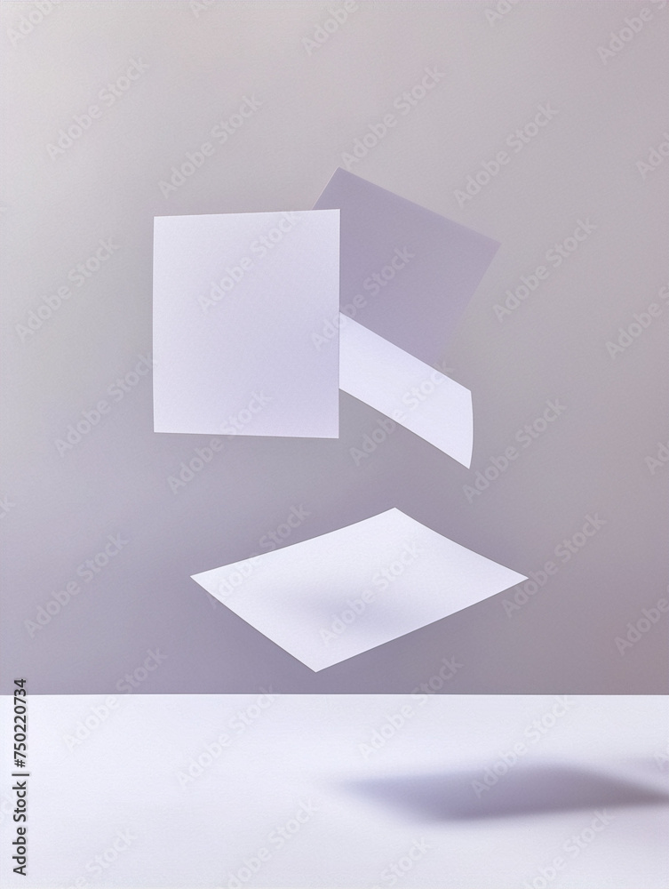 Three sheets of plain white paper floating in the air against a pale gray background. Three sheets of plain white paper floating in the air against a pale gray background.