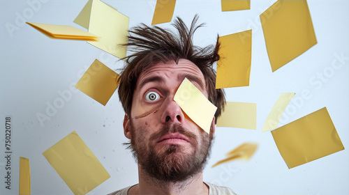 A man with a lot of post-it notes on his face and falling around him, looking overwhelmed.