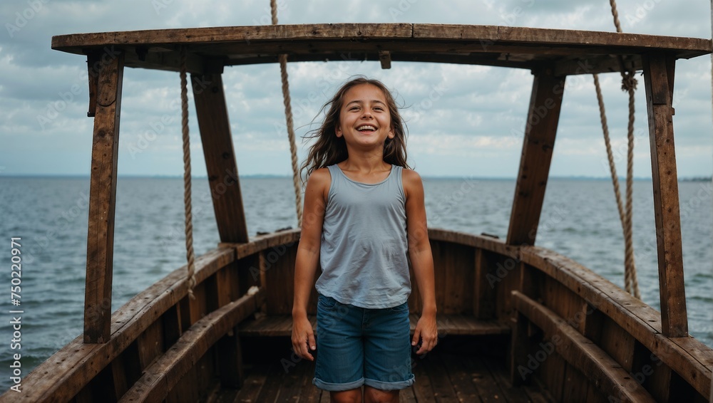 Uma criança feliz, alegre e pura, divertindo muito durante uma viagem de barco pelo mar, ela está com seus cabelos ao vento e bem sorridente