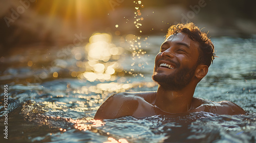 a clothed man is coming up out of the water baptism  smiling. he is in a river. the sun is shining on him.