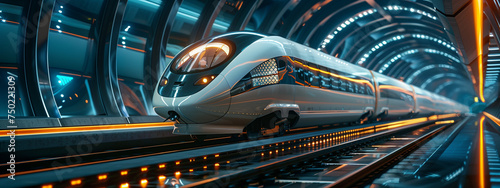 Futuristic High-Speed Train at Dusk in Urban Setting
