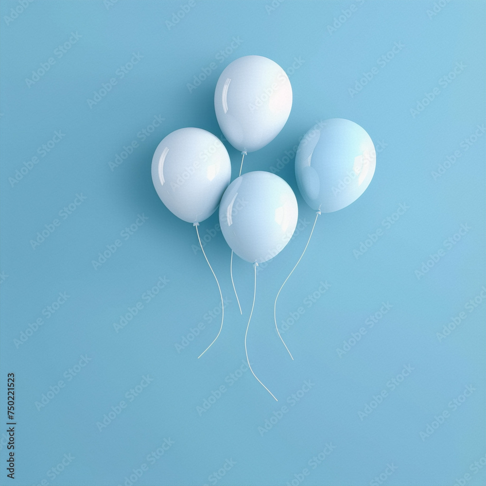 Four pastel blue and white balloons float against a blue background in this 3D rendering, evoking a sense of whimsy and nostalgia. Four pastel blue and white balloons float against a blue background in this 3D rendering, evoking a sense of whimsy and nostalgia.