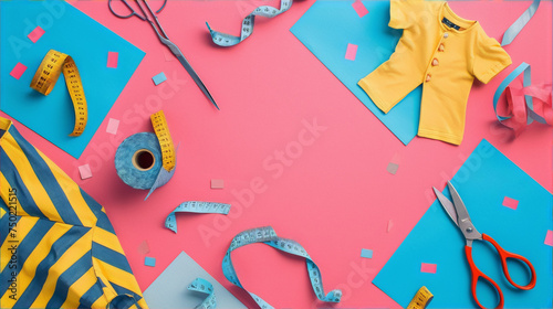 Colorful sewing and craft supplies on a pink and blue background
