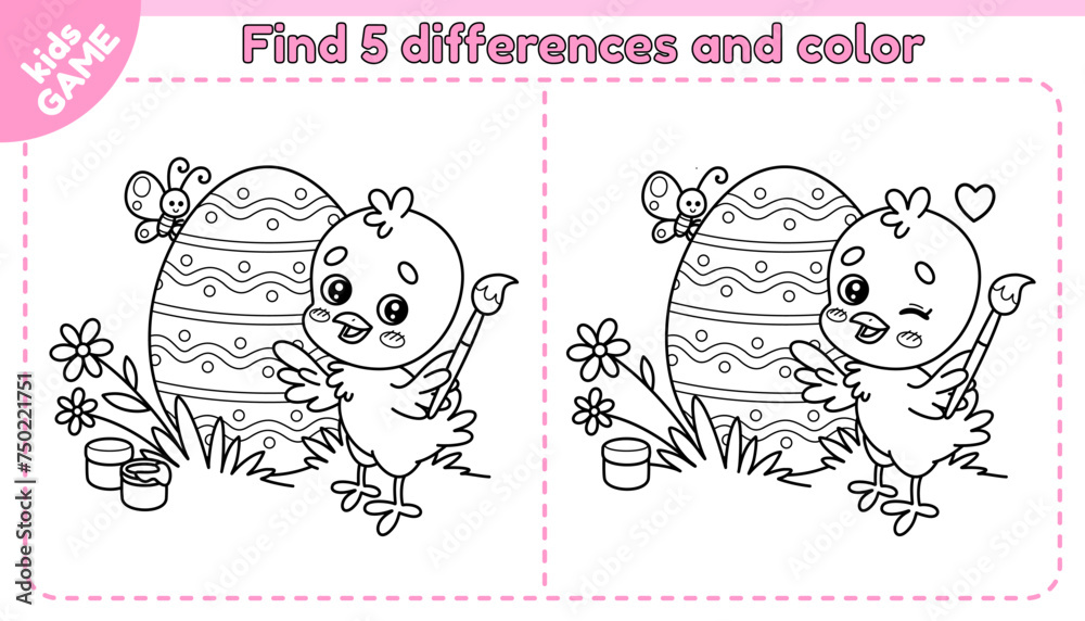 Fototapeta premium Easter kids game Find 5 differences with cartoon chick. Cute small chicken paints the egg with a brush. Spot the differences. Educational worksheet for children. Spring holiday design. Vector outline.
