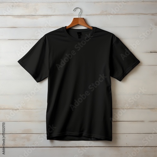 Black t-shirt mockup on wooden background with hanger, Ai Generated