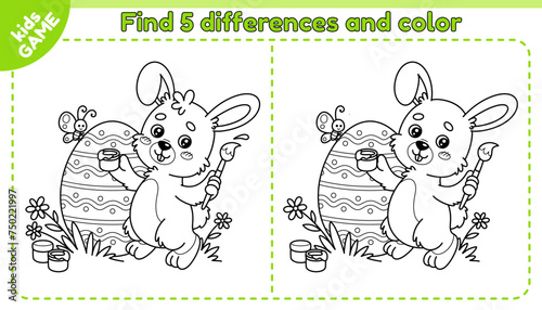 Easter kids game Find 5 differences with cartoon rabbit. Happy hare paints the egg with a brush. Spot the differences. Educational worksheet for school children. Spring holiday design. Vector outline.