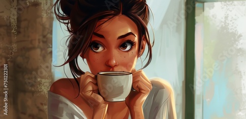 Cute girl holding hot coffee or drink in takeaway paper cup. 3d cartoon character © Stefan95