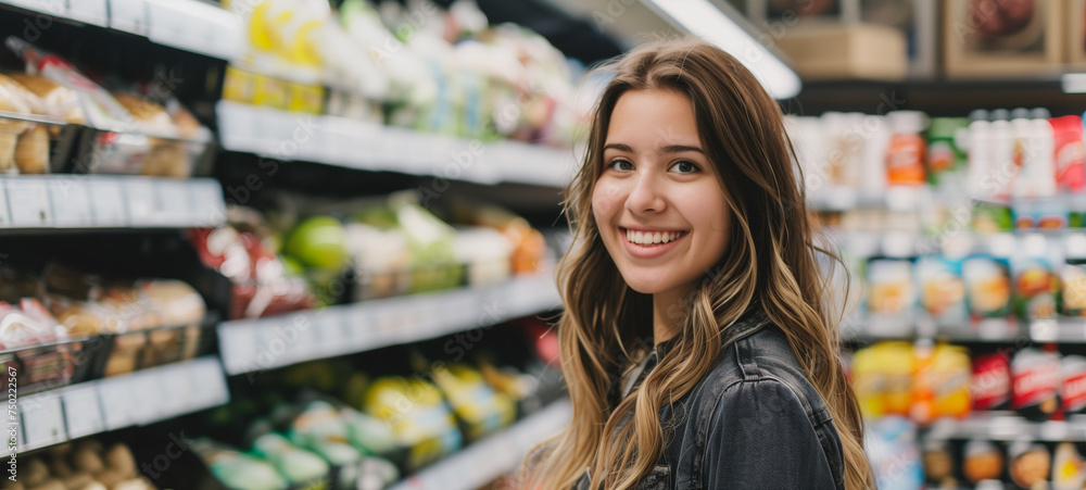 A smiling woman stands in a supermarket, smiling brightly in front of shelves filled with products, exuding joy and contentment in her shopping experience