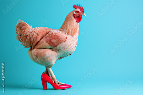 Wallpaper Mural A chicken wearing a red high heel shoe on a blue background. Torontodigital.ca