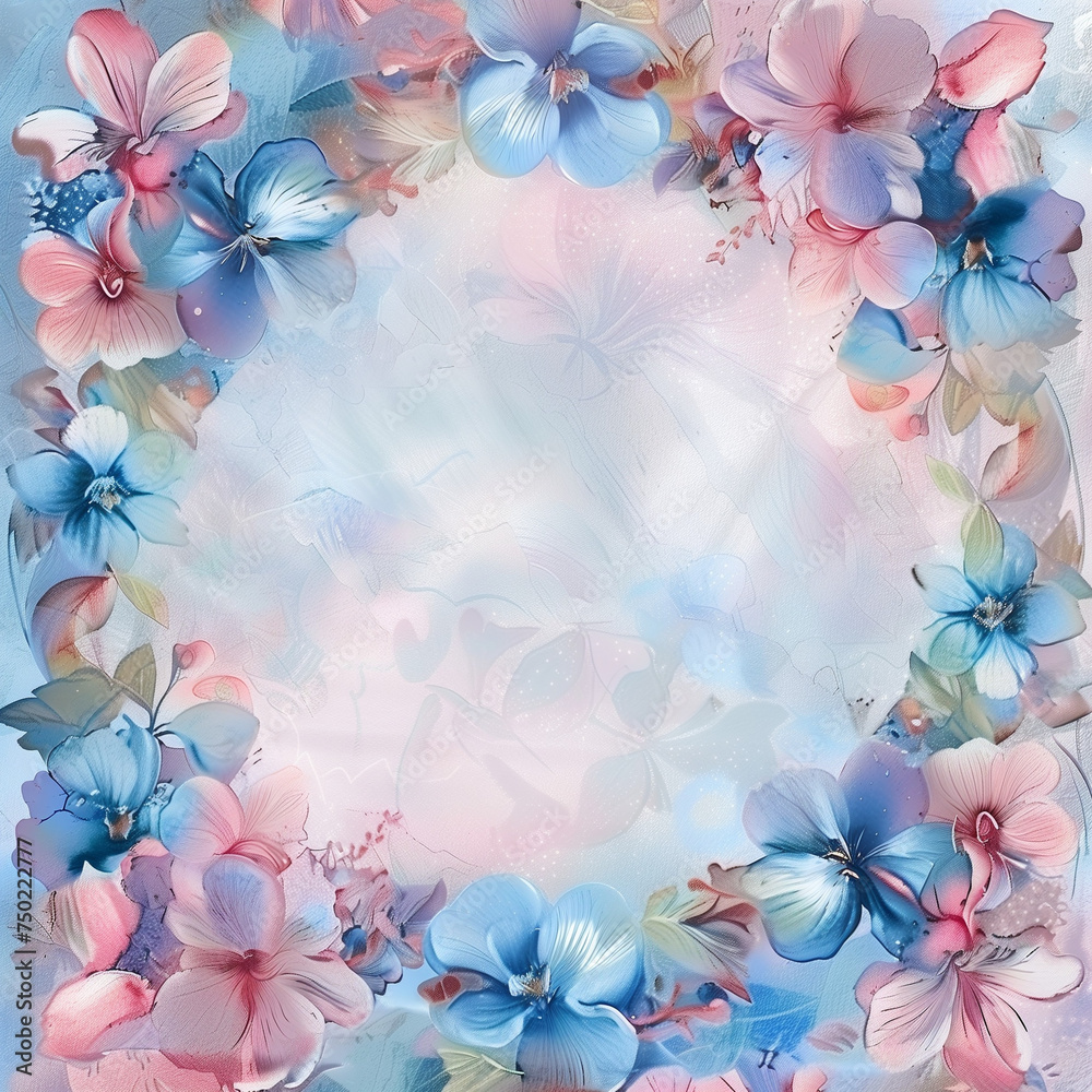 Obraz premium pink and blue background with flowers in soft colors, watercolour, round frame