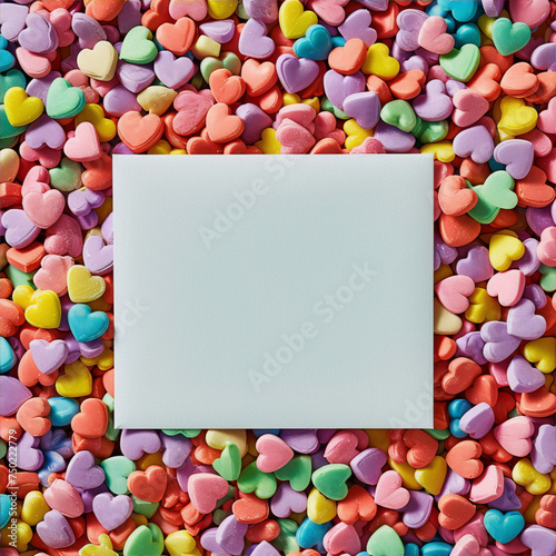 Still life of colorful pastel candy hearts with blank note, top view, copy space.