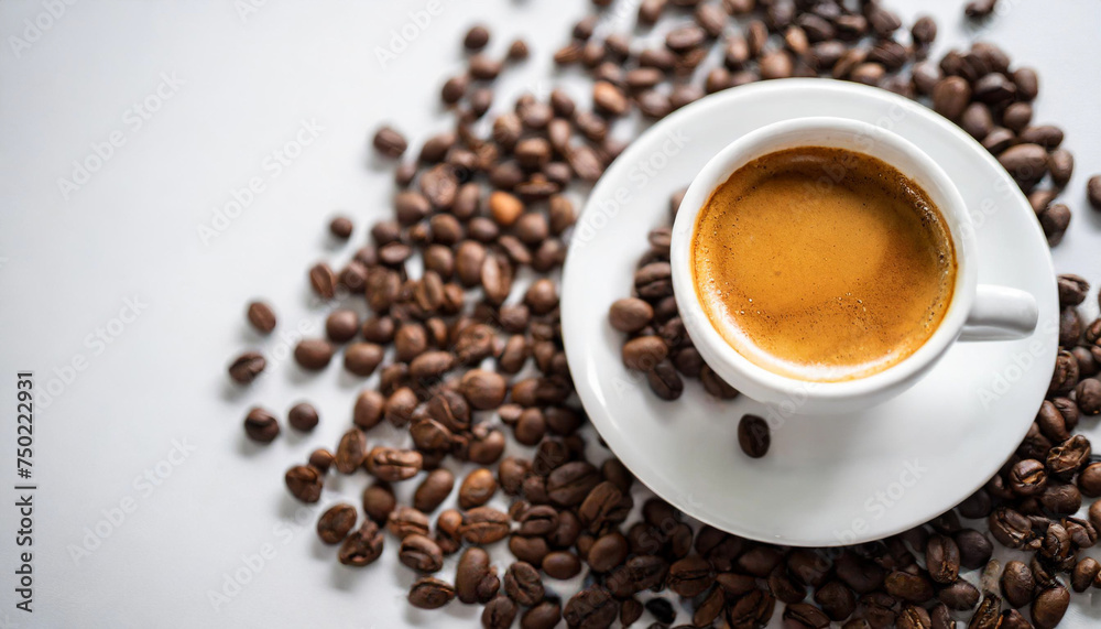 steaming espresso cup and coffee bean on white table, with soft-focus background steaming espresso cup and coffee bean on white table, with soft-focus background