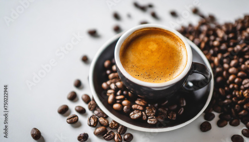 steaming espresso cup and coffee bean on white table, with soft-focus background © Your Hand Please