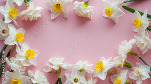 White daffodils on a pink background.
