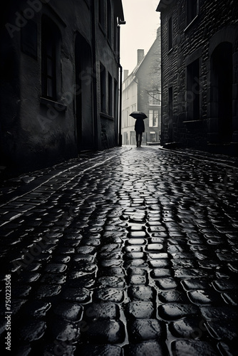 Rainy Day On Historic Cobblestone Street In Black and White: A Glimpse Into Time Past