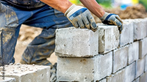 A skilled worker carefully positions concrete blocks to form a sturdy wall at a construction site
