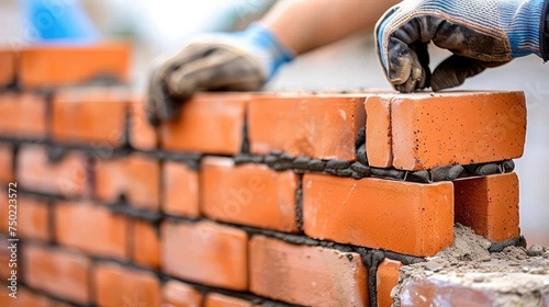 Expert bricklayer methodically placing red bricks with mortar for a new  solid brick wall on a construction site