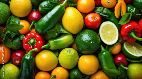 Close up of various citrus fruits with green leaves  creating a fresh and juicy texture with vivid colors