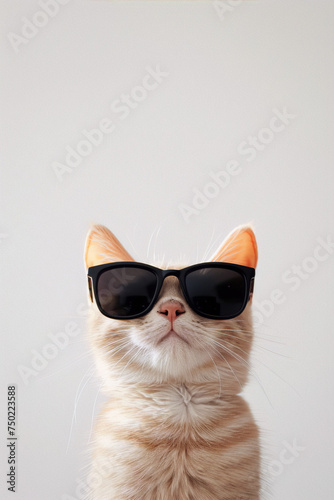 A ginger cat wearing sunglasses on a white background. © jamalnasro