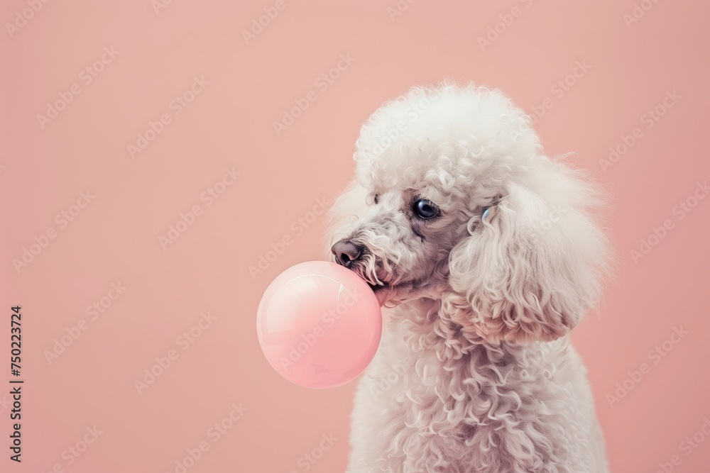 Funny white Poodle dog with bubble of chewing gum on pink background, pets concept Funny white Poodle dog with bubble of chewing gum on pink background, pets concept