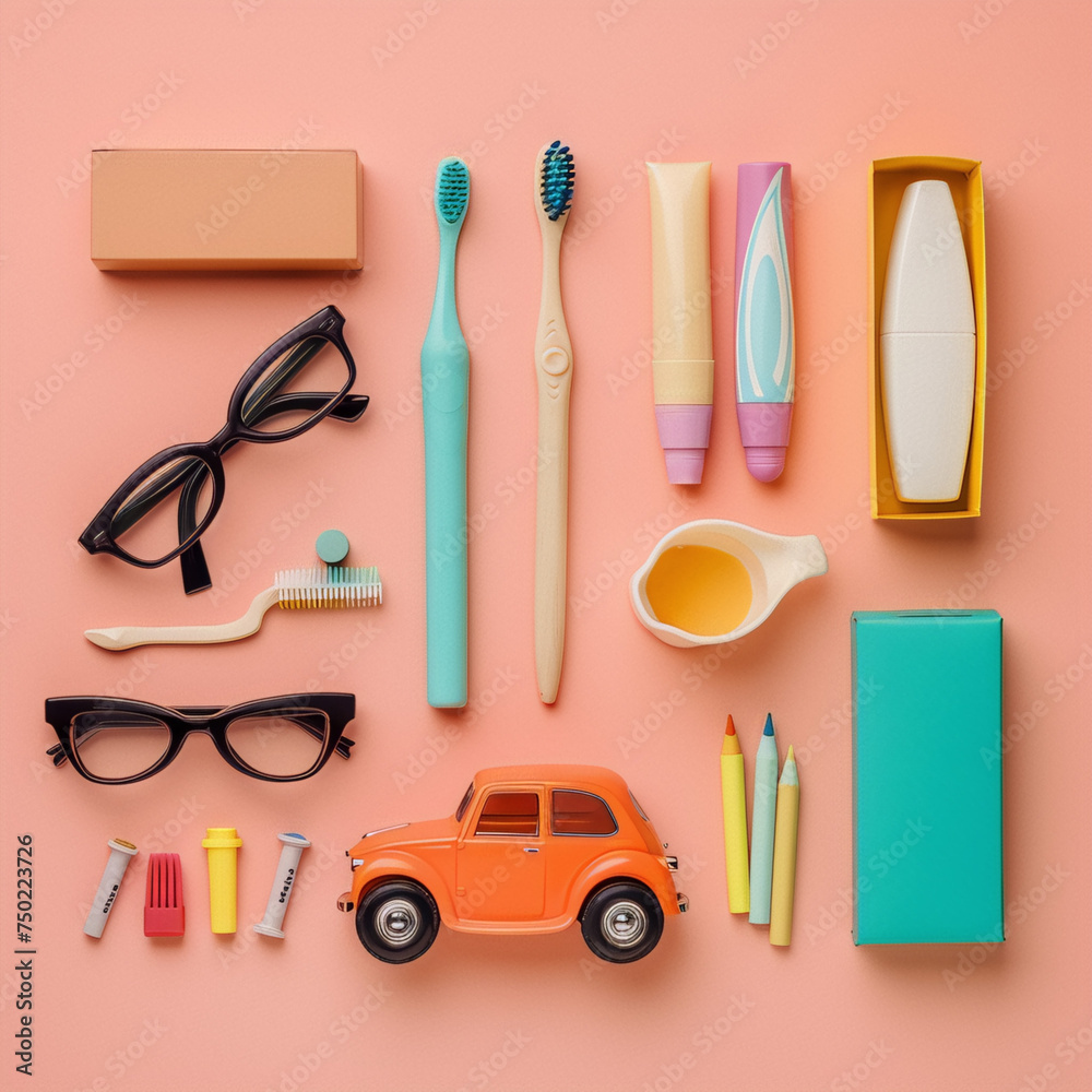 Still life of various objects including glasses, toothbrushes, toothpaste, a toy car, and colored pencils on a pink background.