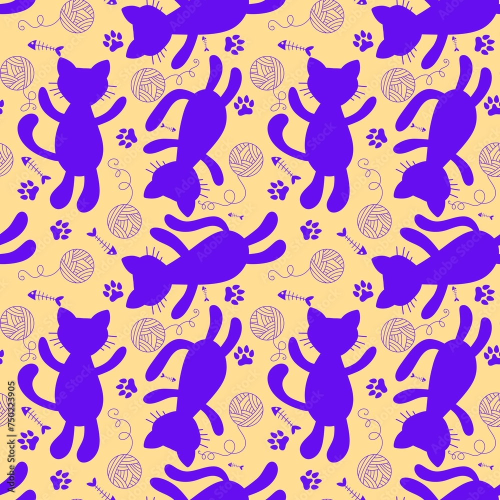 Cartoon animals accessories seamless cats and ball of threads and fish bones pattern for wrapping paper and fabrics