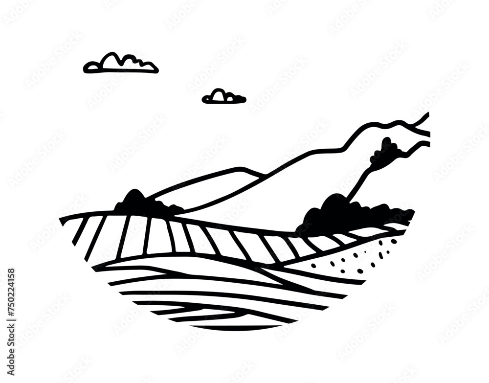 Beautiful landscape vector illustration of mountains, forests, fields and meadows. Stunning panoramic farm landscape with mountains in the background. Natural monochrome landscape. Logo template Beautiful landscape vector illustration of mountains, forests, fields and meadows. Stunning panoramic farm landscape with mountains in the background. Natural monochrome landscape. Logo template