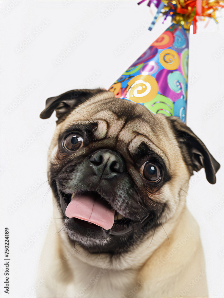 A pug wearing a colorful party hat with a surprised expression on its face against a white background.