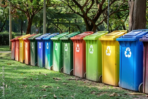 Recycling initiative A series of color-coded bins aligned in a pristine park Demonstrating a community's commitment to environmental responsibility