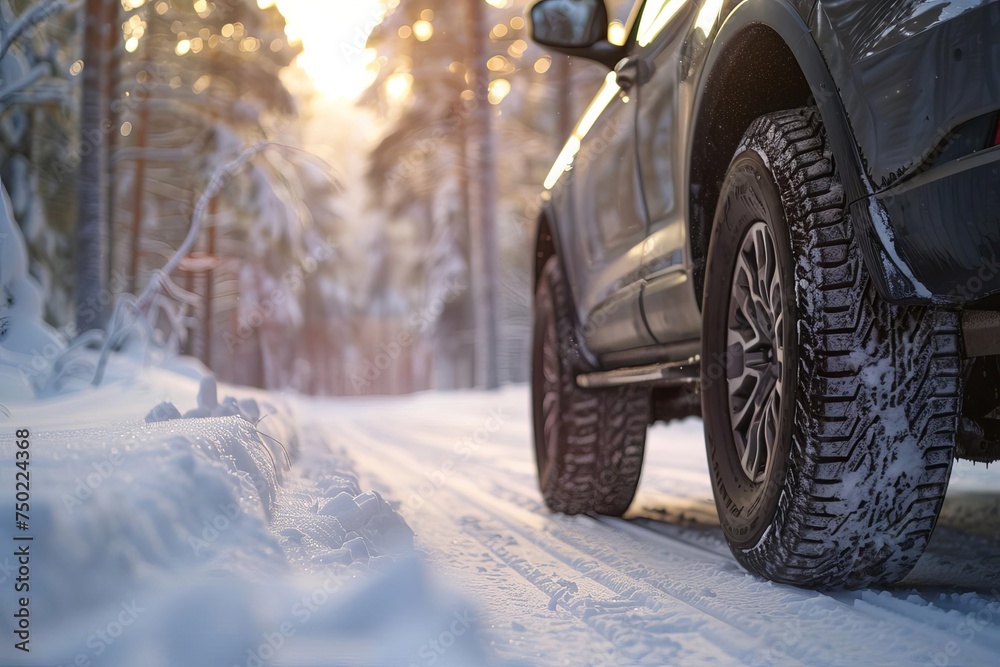Winter tire technology showcased on an suv navigating a snowy road Emphasizing safety and performance in winter conditions