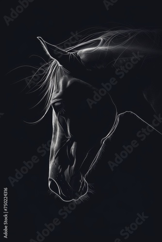 Elegant Equine Grace - Black and White Horse Portrait in Key Light - Artistic Animal Silhouette - Generative AI