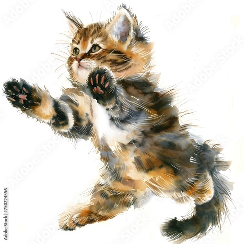 Playful Kitten Leaping Watercolor Illustration photo