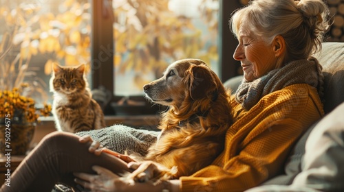 lonely senior woman with her golden retriever lovely dog at home in autumn.