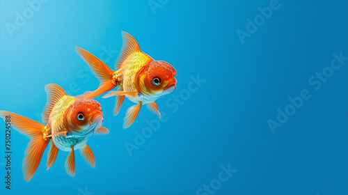 Two orange goldfish are swimming in a blue water tank.