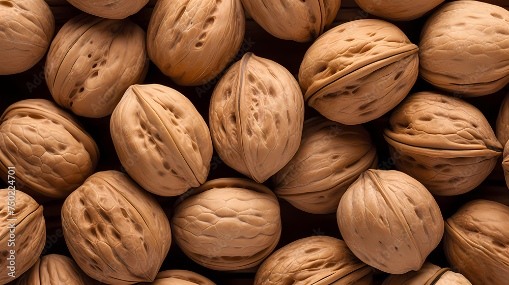 Background with walnut nuts, top view of nuts Background with walnut nuts, top view of nuts