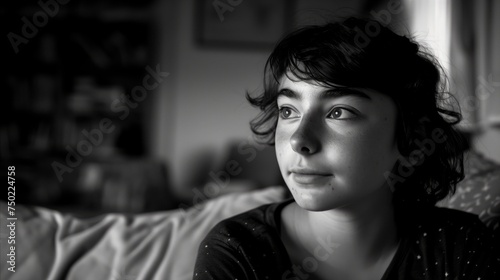 Pensive young person looking out the window in black and white