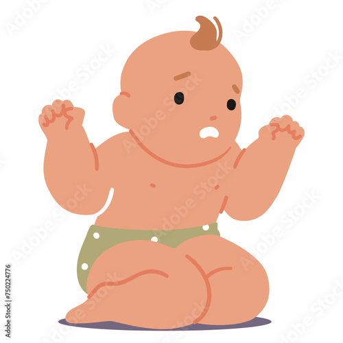 Baby Sitting On Floor With Upset Face, Quivering Lip, Teary Eyes, And A Raised Brow Conveying Distress