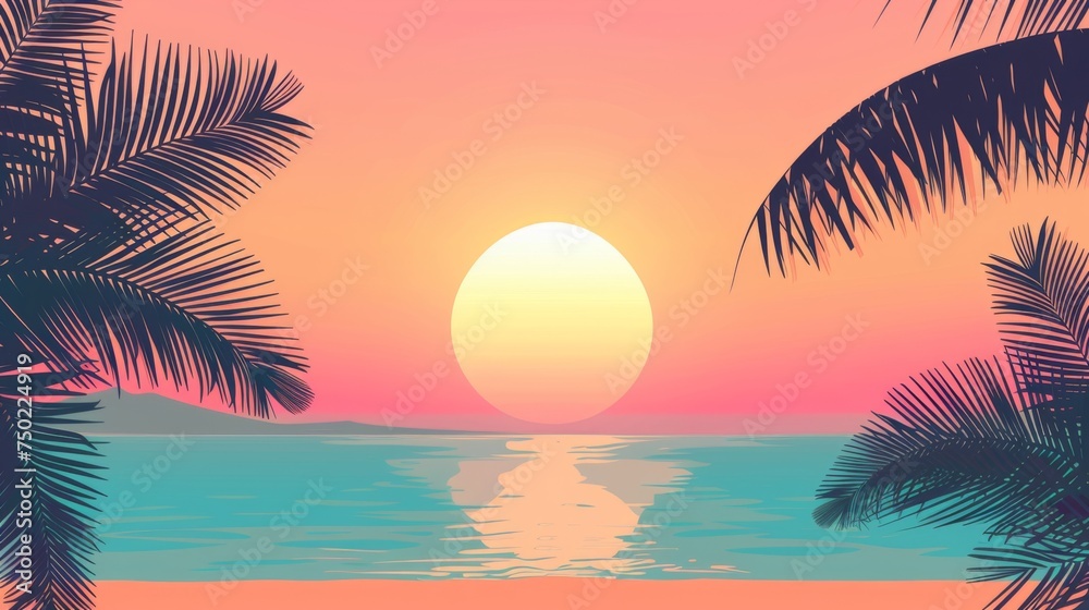 Tropical Serenity at Dusk - Palm Silhouettes Against Pastel Sunset - Peaceful Summer - Generative AI
