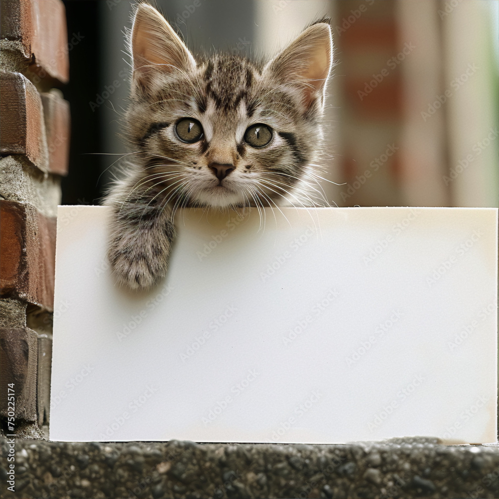 A cute tabby kitten with big green eyes peeking over the edge of a blank sign.