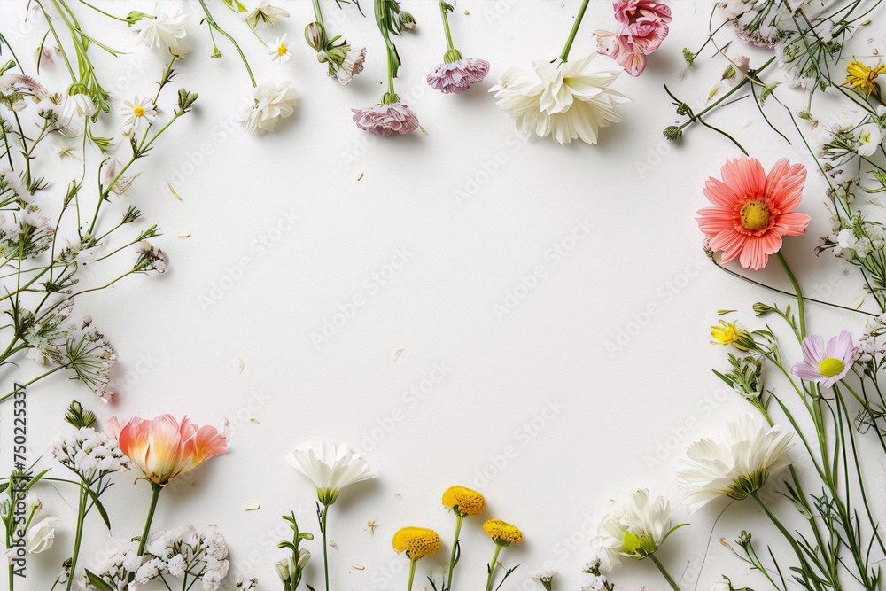 An overhead shot of a variety of colorful flowers arranged on a white surface.