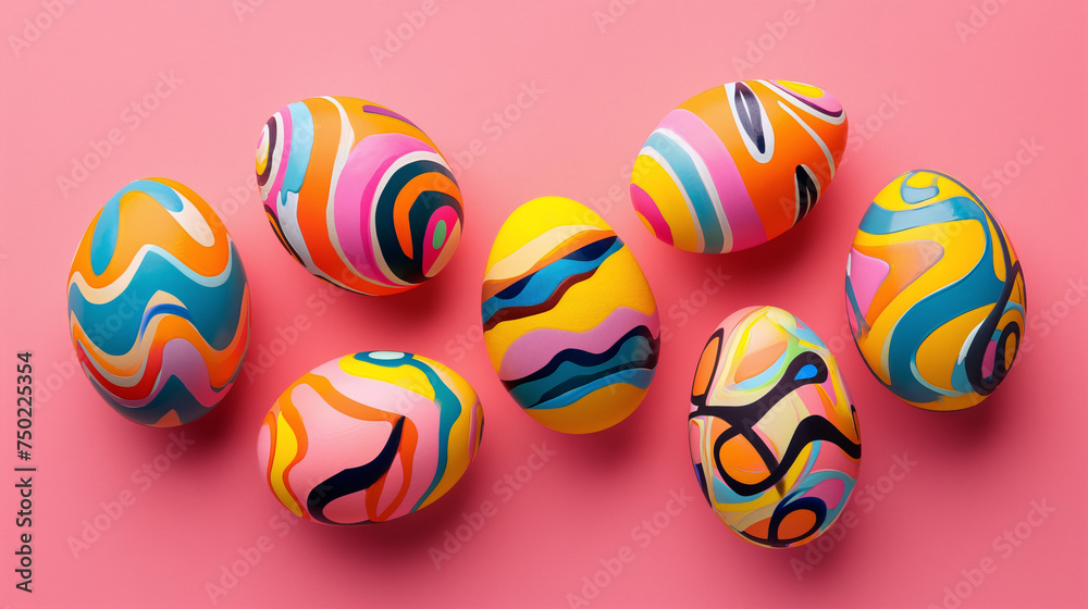 Vibrantly colored Easter eggs with intricate patterns on a pink background convey a sense of joy and celebration. Vibrantly colored Easter eggs with intricate patterns on a pink background convey a sense of joy and celebration.